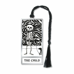 Metal bookmark featuring Edward Gorey’s “The Child” with skeleton illustration and black braided tassel artwork in his iconic black-and-white illustration style, highlighting his dark humor, intricate Victorian-inspired detail, and whimsical literary aesthetic for collectors, book lovers and gifts.