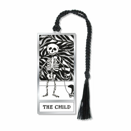 Metal bookmark featuring Edward Gorey’s “The Child” with skeleton illustration and black braided tassel artwork in his iconic black-and-white illustration style, highlighting his dark humor, intricate Victorian-inspired detail, and whimsical literary aesthetic for collectors, book lovers and gifts.