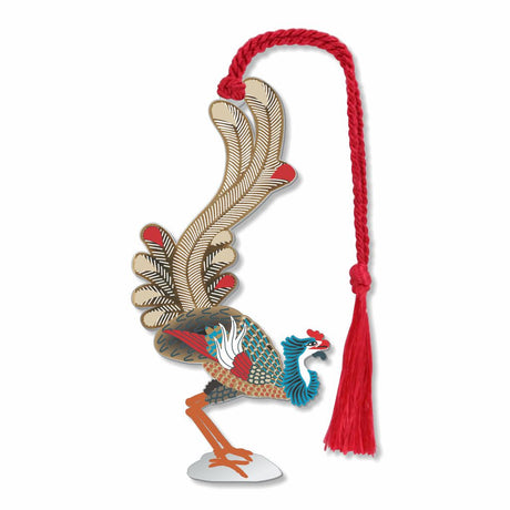 Phoenix metal bookmark featuring a mythical bird detailed multicolored phoenix with gold-toned wings and a red braided tassel.