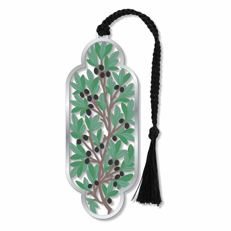Decorative William Morris metal bookmark with Olive leaf pattern and black tassel 