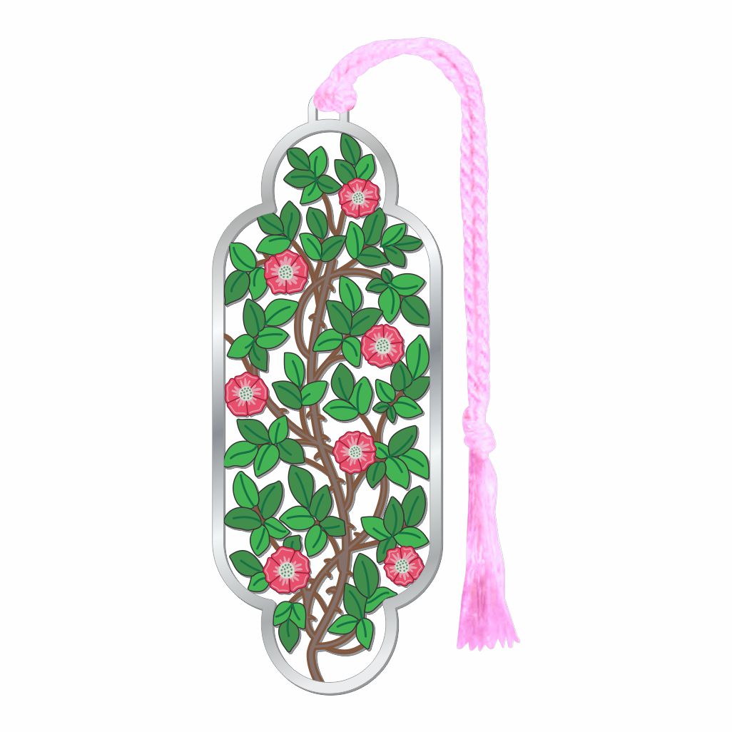 William Morris metal Bookmark with wild roses floral design and pink tassel 