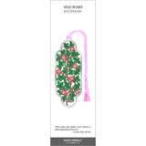 Wild Roses bookmark featuring pink wild rose blossoms and green leaves on intertwining vines, finished with a soft pink tassel and silver-tone border.