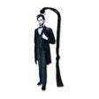 A metal bookmark shaped like Abraham Lincoln with a black tassel, featuring an illustration of Lincoln in his presidential attire.