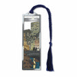 Central Park Viewing South’ metal bookmark featuring Gapstow Bridge, NYC skyline at dusk, and a blue tassel.