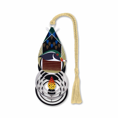 A metal bookmark in the shape of a duck with a sport coat and an autumn leaf with cream tassel.