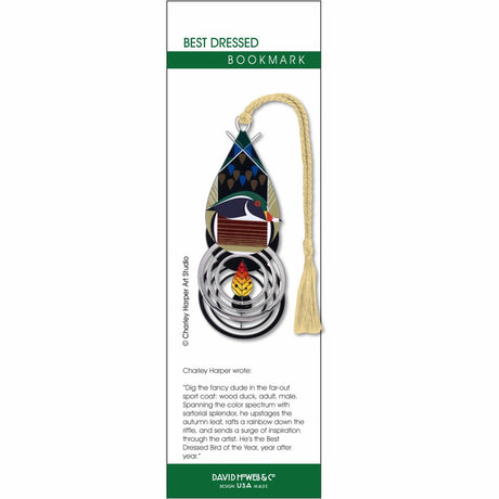 Charley Harper metal bookmark of a duck with an autumn leaf and cream braided tassel.
