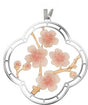 A decorative ornament featuring a floral design with pink cherry blossoms in a circular silhouette, attached to a silver ribbon for hanging for a museum-quality cherry blossom season gift, and art gift.