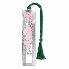 Cherry Blossom Metal Bookmark delicate cherry blossoms capturing the spring Sakura season with soft pink floral imagery with green braided tassel.