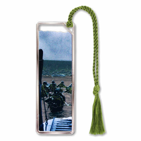 D-Day Beach Landing metal bookmark depicting Allied soldiers landing on the beaches of Normandy during the historic June 6, 1944 invasion, featuring the iconic Higgins landing craft used in World War II with green braided tassel.