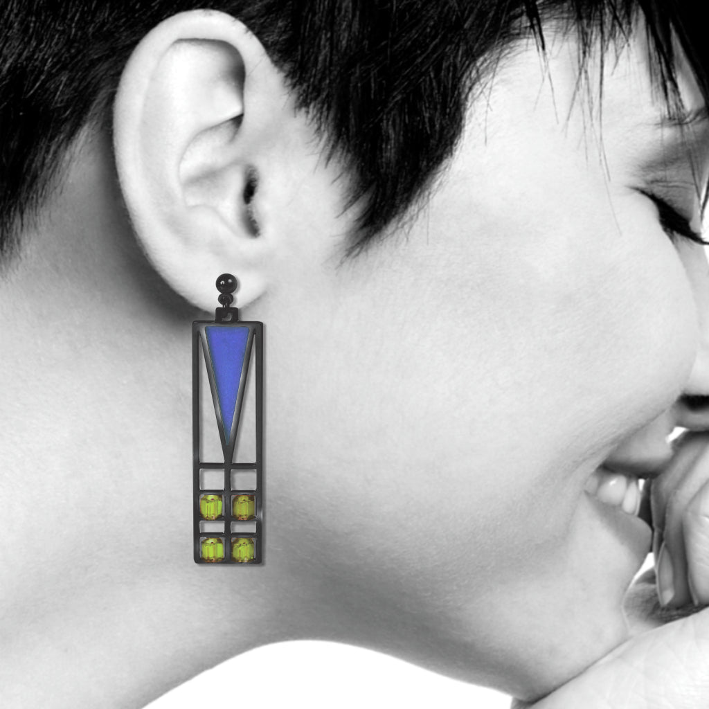 Frank Lloyd Wright Light Screen Stained Glass Earrings, Blue/Green