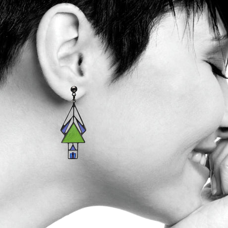 Marion Mahony Stained Glass Window Earrings, Green/Blue