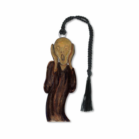 The Scream by Edvard Munch depicts a haunting figure clutching their face beneath a swirling blood-red sky above a fjord and distant cityscape. Inspired by Munch’s experience of feeling “a scream passing through nature,” the painting conveys intense anxiety, isolation, and emotional anguish through vivid color and dramatic expressionist forms with brown braided tassel.