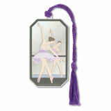 En Pointe metal bookmark featuring a ballet dancer practicing pointe technique at the barre with graceful classical ballet posture with purple braided tassel.