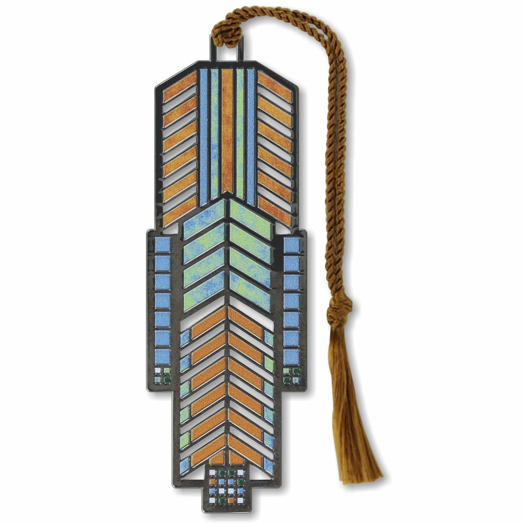 Frank Lloyd Wright Dana-Thomas House Metal Bookmark is foundation-approved, featuring a geometric pattern  in blue and orange, resembling a stained glass window with a brown braided tassel