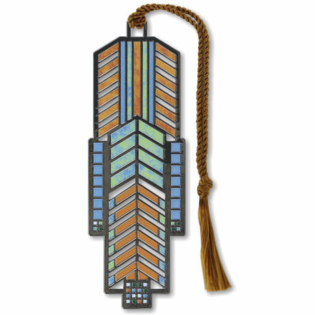 Frank Lloyd Wright Dana-Thomas House Metal Bookmark is foundation-approved, featuring a geometric pattern  in blue and orange, resembling a stained glass window with a brown braided tassel
