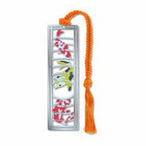 A metal bookmark with a koi red, white and yellow, black fish design in silver frame silver finish, attached to an orange tassel.