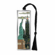 Liberty and Empire State metal bookmark inspired by a view across New York Harbor, featuring the Statue of Liberty and the Empire State Building side by side. The design highlights the intricate architectural details and monumental scale of these two iconic New York landmarks, dedicated in 1886 and opened in 1931 respectively with black braided tassel.
