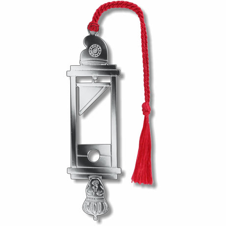 Louis XVI & The Guillotine metal bookmark depicting historical imagery from the French Revolution, referencing Louis XVI and the guillotine, a device widely associated with revolutionary justice and the Reign of Terror. The design reflects the guillotine’s role as a symbol of political upheaval during the French Revolution, highlighting themes of power, punishment, and shifting sovereignty in late 18th-century France with red braided tassel.