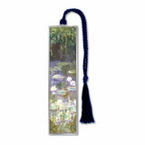 A silver metal bookmark of Monet's water lilies painting, featuring a blue tassel and a non-tarnishing silver finish.