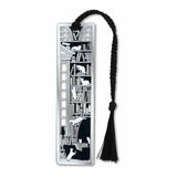 Metal bookmark featuring a cat-inspired design symbolizing the myth that cats have multiple lives, referencing their agility and natural ability to land on their feet with black braided tassel.