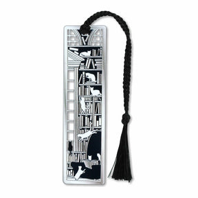 Metal bookmark featuring a cat-inspired design symbolizing the myth that cats have multiple lives, referencing their agility and natural ability to land on their feet with black braided tassel.