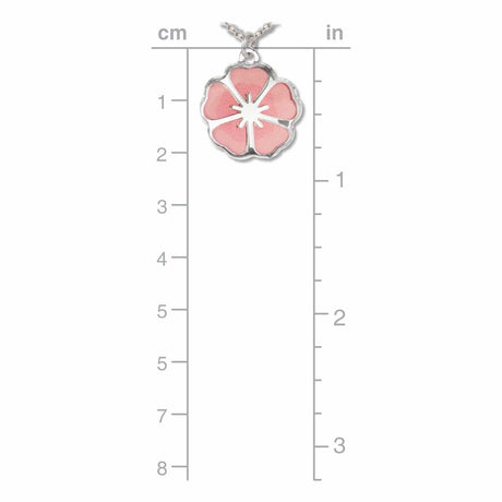 Single Blossom necklace pendant shown against a measurement guide, featuring a silver-tone cherry blossom design with soft pink petals approximately 1 inch tall.