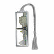 Paris Skyline metal bookmark featuring a stylized silhouette of iconic Paris landmarks including the Eiffel Tower and Louvre Pyramid with gray braided tassel.