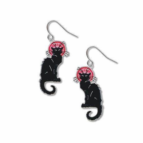 Le Chat Noir features a black cat with a red halo with silver finish, hyo-allergenic ear wires.