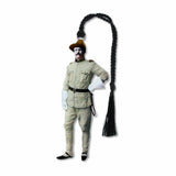 A metal bookmark featuring an illustration of Theodore Roosevelt in a military uniform, with a mustache and a hat and braided black tassel.