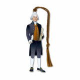 A metal bookmark shaped like Thomas Jefferson in a blue top coat  holding a quill and Declaration of  Independence with a brown braided tassel.