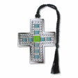 A silver metal bookmark in the shape of a cross, featuring a combination of silver and colorful blue and green accents, with a black tassel.