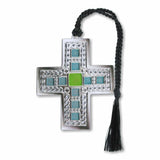 A silver metal bookmark in the shape of a cross, featuring a combination of silver and colorful blue and green accents, with a black tassel.