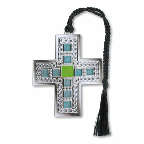 A silver metal bookmark in the shape of a cross, featuring a combination of silver and colorful blue and green accents, with a black tassel.