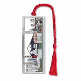 Silver metal bookmark of the Tokyo skyline with red braided tassel.