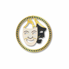 Tragedy & Comedy clip metal bookmark featuring the classic theatrical symbol of two masks representing sorrow and joy. Inspired by masks used in ancient theater traditions such as ancient Greek drama, the design reflects how actors once performed in masks associated with different character types and emotions. The exaggerated, open mouths of the masks symbolize projection in early theater, where they helped amplify the performer’s voice during stage performances.