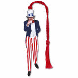 A silver metal bookmark with an illustration of Uncle Sam wearing a top hat and striped trousers, holding a red wand, with braided red tassel.