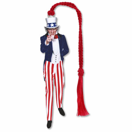 A silver metal bookmark with an illustration of Uncle Sam wearing a top hat and striped trousers, holding a red wand, with braided red tassel.