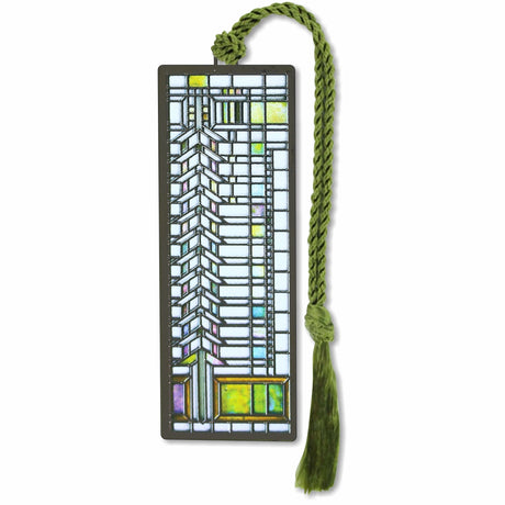 Frank Lloyd Wright Casement Window is a foundation-approved metal depicting a geometric pattern design of a stained-glass window with a green braided tassel