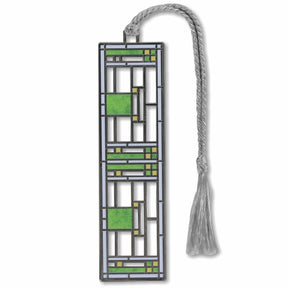 Frank Lloyd Wright Dana-Thomas House Metal Bookmark is foundation-approved, featuring a geometric pattern inspired by a stained glass window design with a brown braided tassel.