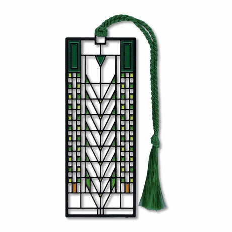 Frank Lloyd Wright Tree of Life Metal Bookmark is foundation-approved, featuring a geometric pattern of prairie-style inspired by a stained-glass window design with a green braided tassel.