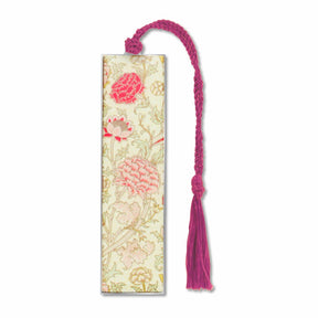 William Morris Floral Cray Metal Bookmark with cream design and pink braided tassel
