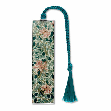 William Morris Floral Honeysuckle Metal Bookmark with green leaf design and green braided tassel