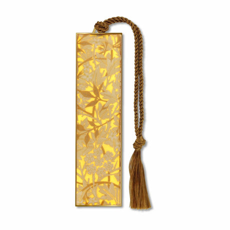 William Morris Floral Jasmine Metal Bookmark with gold leaves design and brown braided tassel
