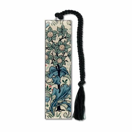 William Morris Floral Orchard Pattern Metal Bookmark with green leaves design and black braided tassel
